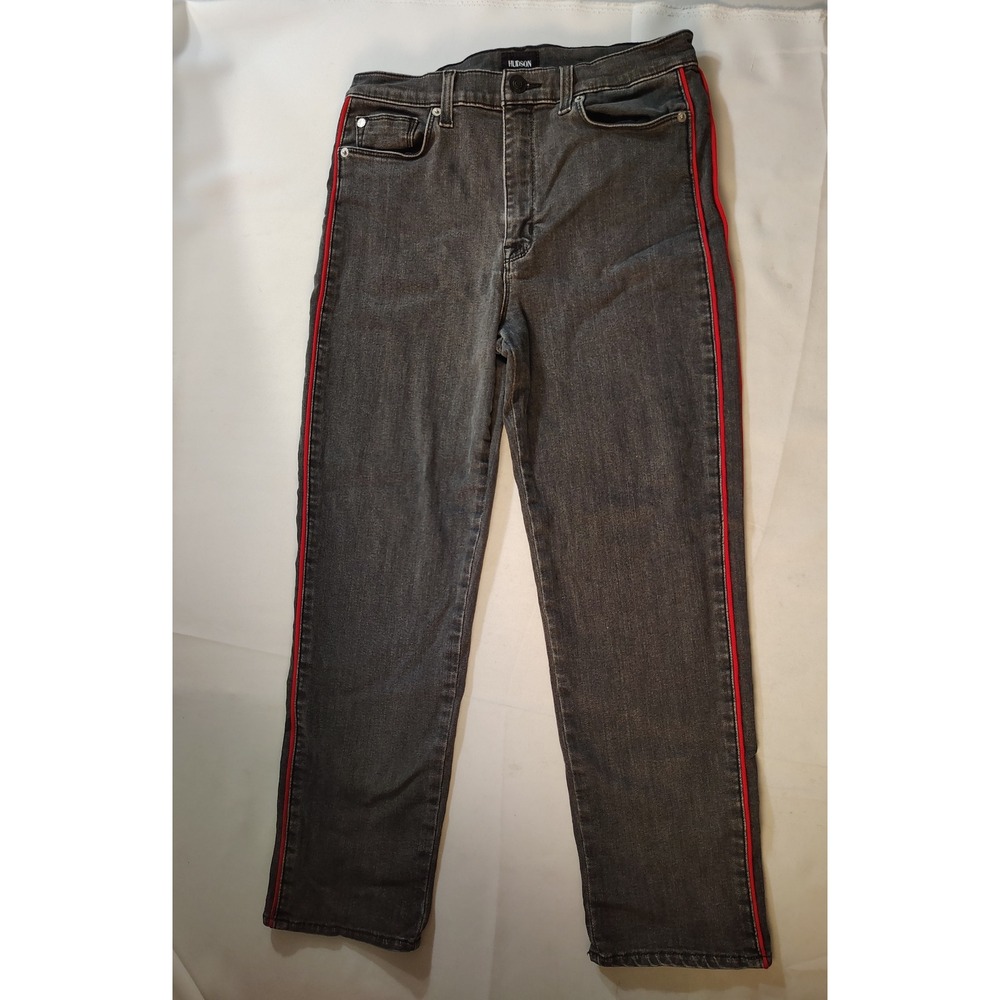 Hudson Zoeey High Rise Ankle Straight Jeans Black Red Side Stripe Tuxedo Size 30